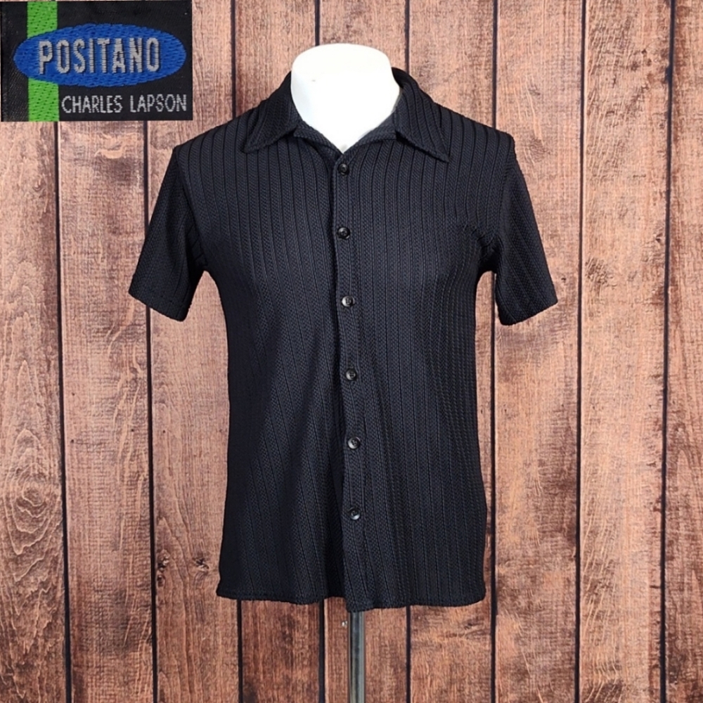 Vintage Positano Charles Lapson Mens Black Knit Button Up Shirt Like New
